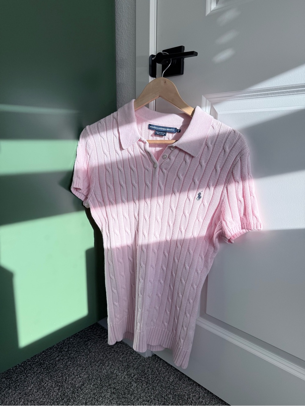 Ralph Lauren Sport Pink Cable Knit Collared Polo Sweater 100% Cotton Size L Rare - Picture 8 of 8